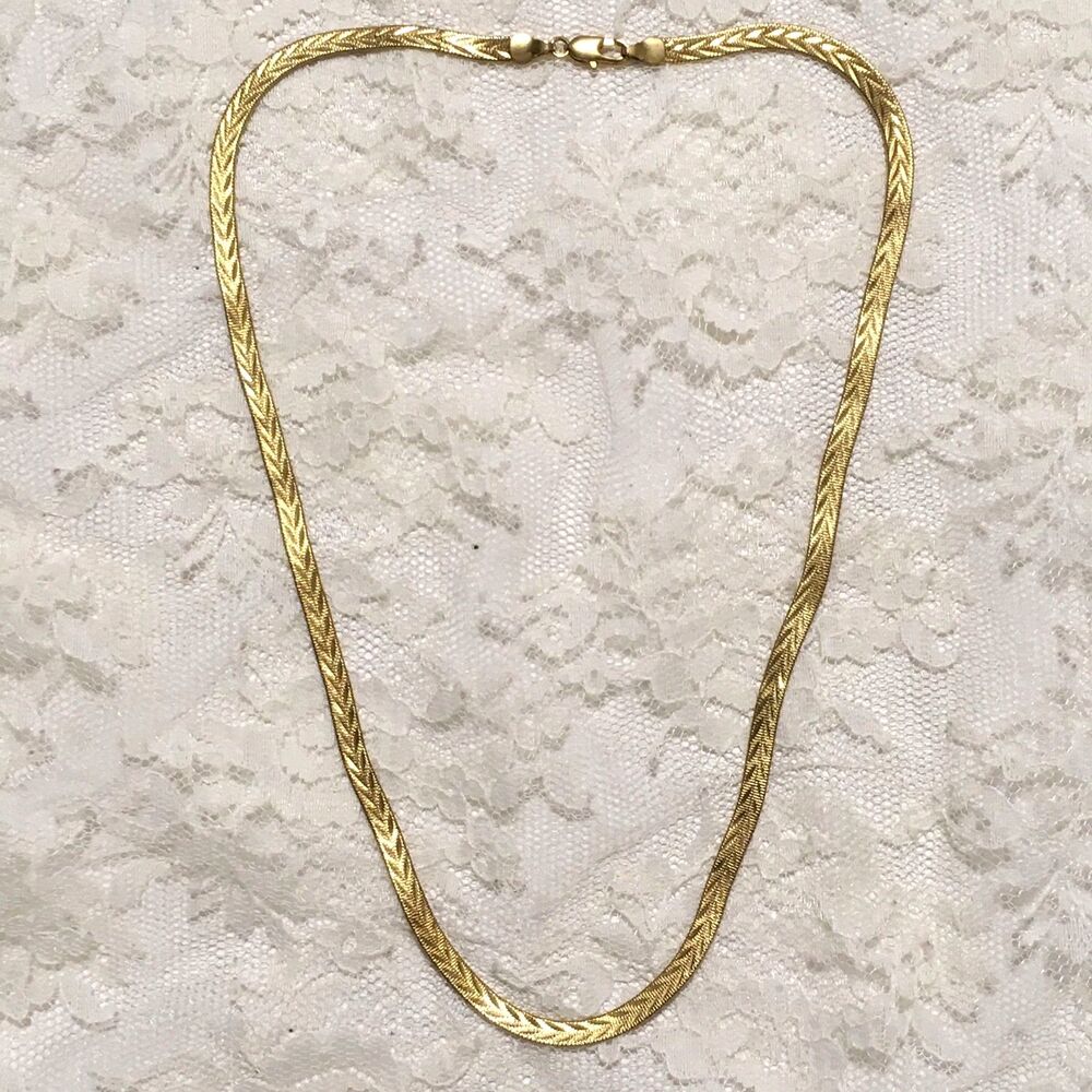Vintage Gold Tone Chain Necklace Herringbone Reversible Flat Subtle Statement
